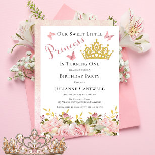 Crown   Butterflies Floral Princess 1st Birthday I Invitation