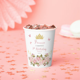 Crown   Butterflies Floral Princess 1st Birthday Paper Cups