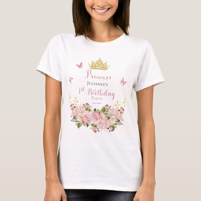 Crown | Butterflies Floral Princess 1st Birthday T-Shirt (Front)