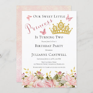 Crown   Butterflies Floral Princess 2nd Birthday I Invitation
