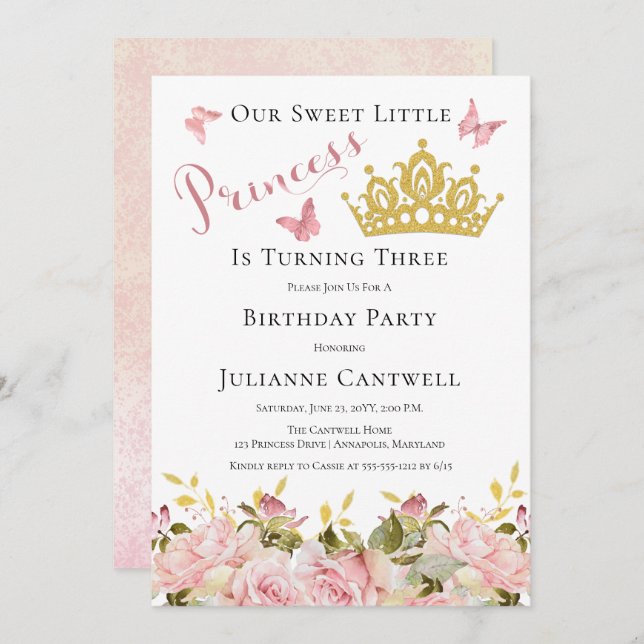 Crown | Butterflies Floral Princess 3rd Birthday I Invitation (Front/Back)