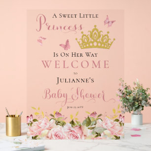Crown Butterflies Floral Princess Baby Shower Acrylic Sign