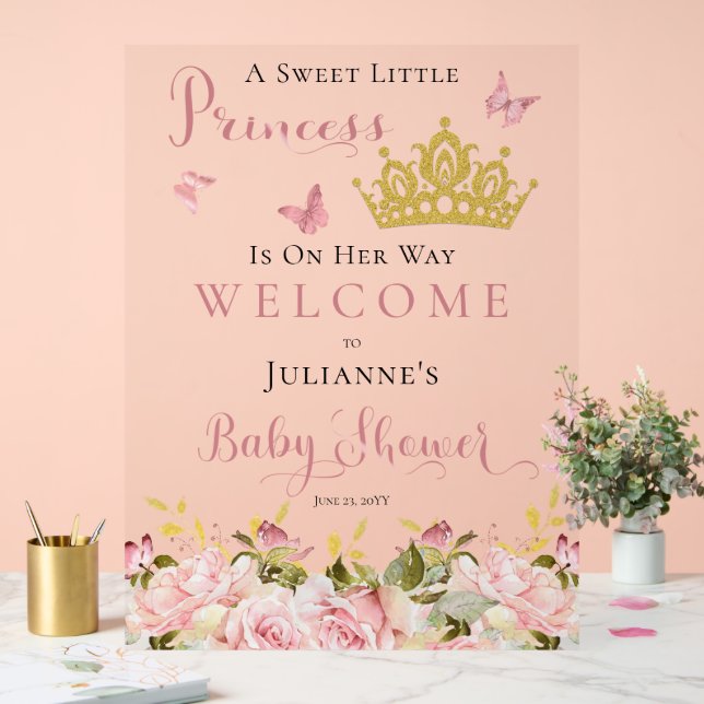 Crown | Butterflies Floral Princess Baby Shower Acrylic Sign (Wedding)