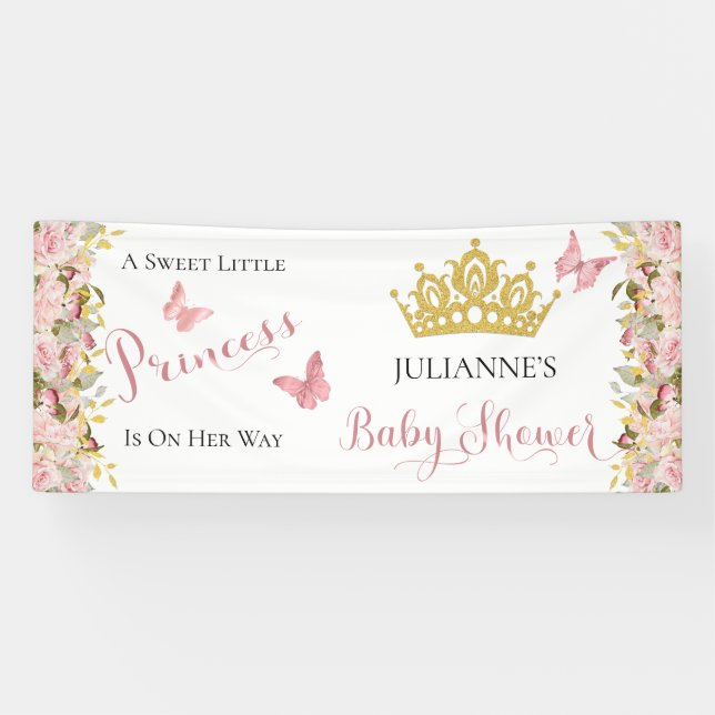 Crown | Butterflies Floral Princess Baby Shower Banner (Horizontal)
