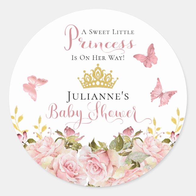 Crown | Butterflies Floral Princess Baby Shower Classic Round Sticker (Front)