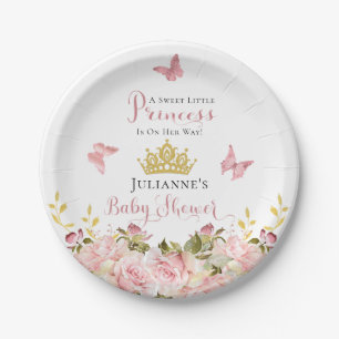 Crown   Butterflies Floral Princess Baby Shower Paper Plate