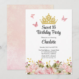 Crown Butterflies Pink Floral Sweet 16 Birthday Invitation