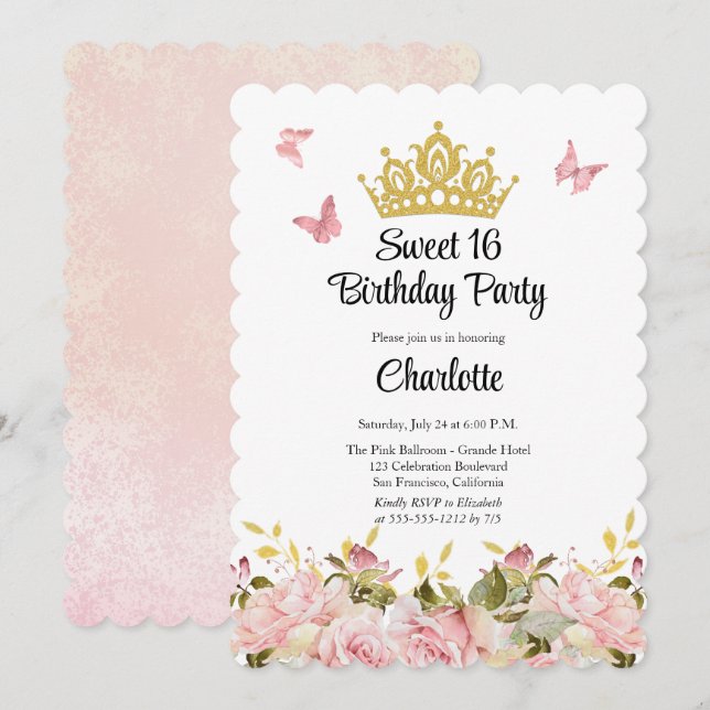 Crown | Butterflies Pink Floral Sweet 16 Birthday Invitation (Front/Back)