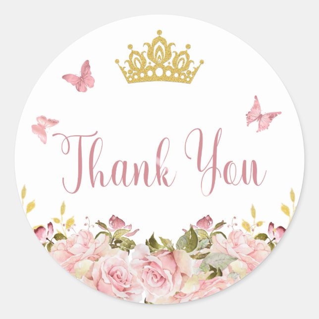Crown | Butterflies Pink Floral Thank You Classic Round Sticker (Front)