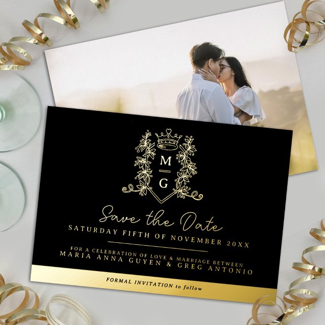 Crown crest black gold photo wedding save the date (Creator Uploaded)