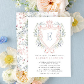 Crown Crest Monogram Pink Blue Baby Shower Invitation