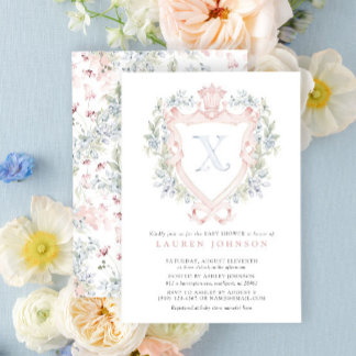 Crown Crest Monogram Pink Blue Baby Shower Invitation