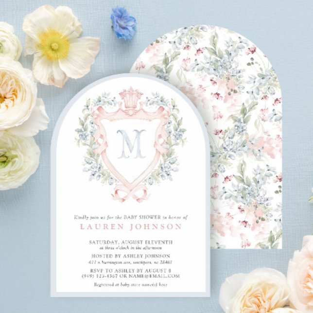 Crown Crest Monogram Pink Blue Baby Shower Invitation (Creator Uploaded)