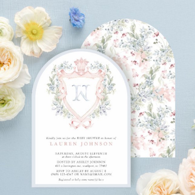 Crown Crest Monogram Pink Blue Baby Shower Invitation (Creator Uploaded)
