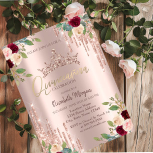Crown Drop,Burgundy Roses Rose Gold Quinceañera   Invitation
