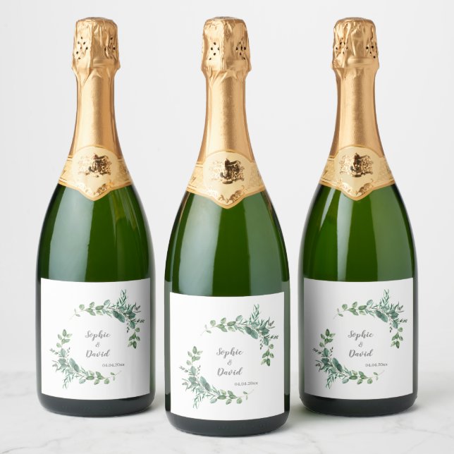 Crown Eucalyptus Watercolor Wedding Sparkling Wine Label (Bottles)