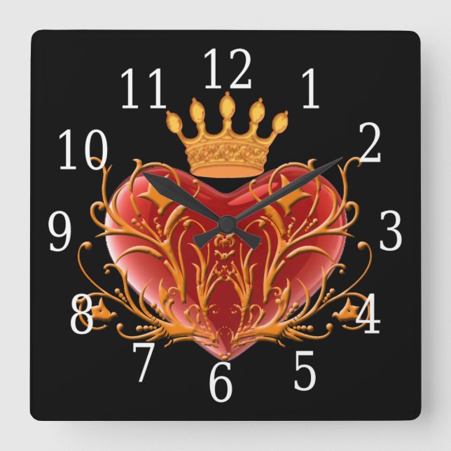 Crown Filigree Heart Square Clock (Front)