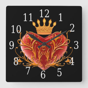 Crown Filigree Heart Square Clock