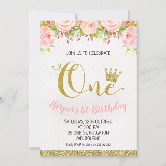 Crown Floral Princess 1st Birthday Invitation (Front)