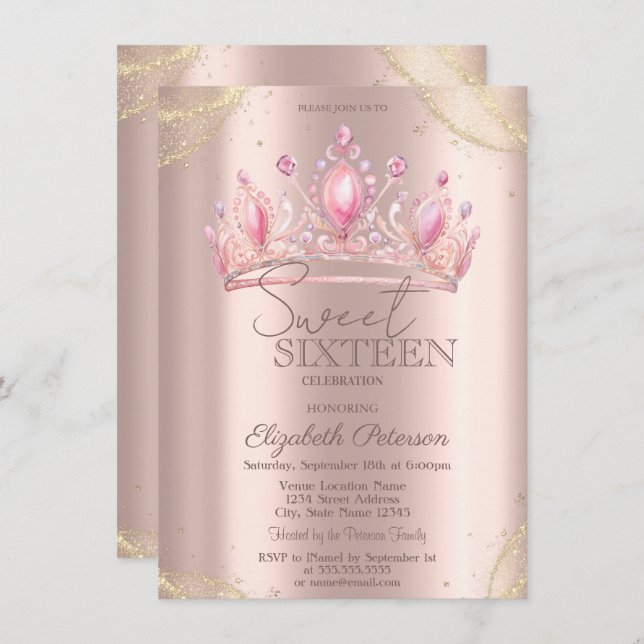  Crown Gold Glitter Corners Rose Gold Sweet 16   Invitation (Front/Back)