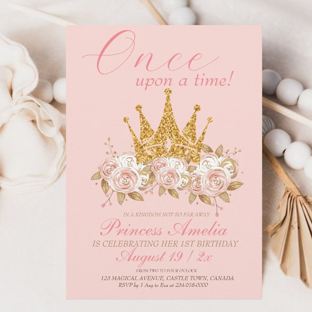 Crown gold pink rose Princess 1st Birthday Party  Invitation (Creator Uploaded)