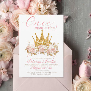 Crown gold roses Princess 1st Birthday Party Invitation