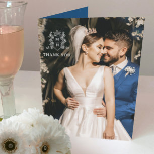 Crown heart monogram blue white wedding photo thank you card