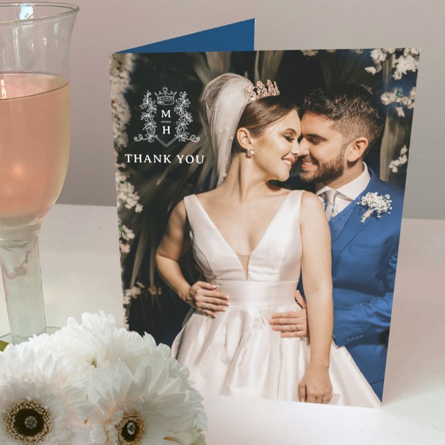 Crown heart monogram blue white wedding photo thank you card (Creator Uploaded)