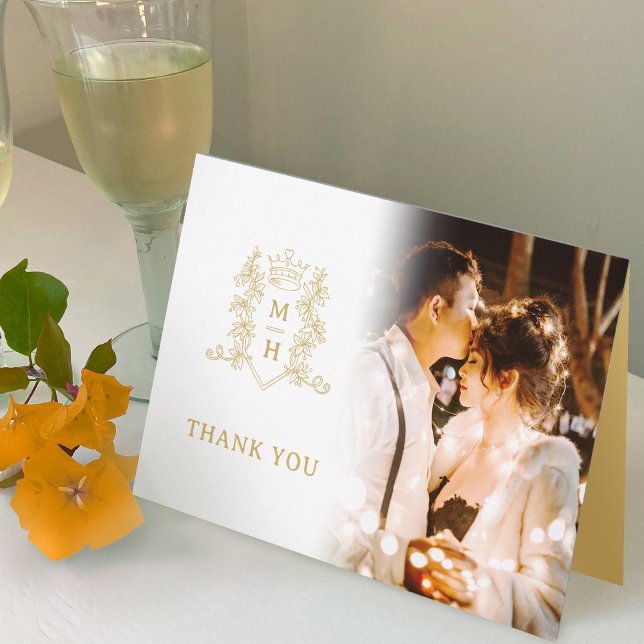 Crown heart monogram gold white wedding photos thank you card (Creator Uploaded)