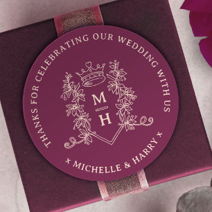 Crown leaves drawn monogram deep red wedding classic round sticker