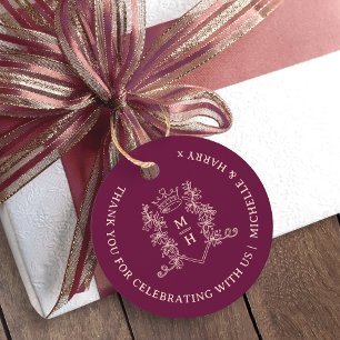 Crown leaves drawn monogram deep red wedding favour tags