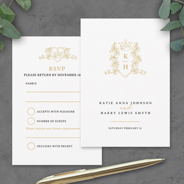 Crown leaves monogram wedding white gold RSVP card (Creator Uploaded)