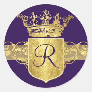 Crown Monogram, Gold Tones Classic Round Sticker