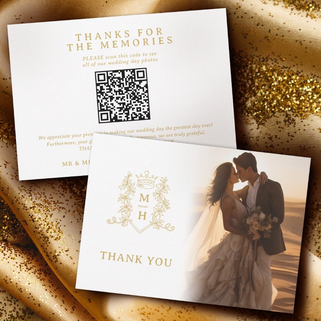 Crown monogram gold wedding Photos QR Code Thank You Card (Creator Uploaded)
