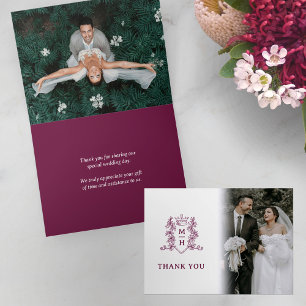 Crown monogram wine red white wedding photos thank you card
