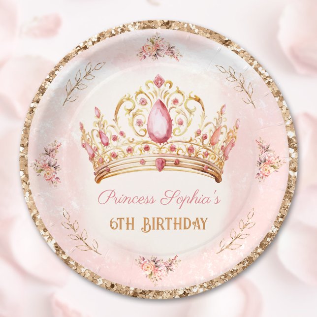 Crown Princess Pink Floral Glitter Gold Birthday Paper Plate (Crown Princess Pink Floral Glitter Gold Birthday Paper Plates)