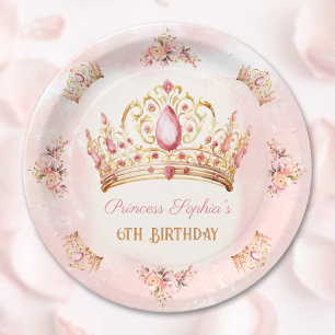Crown Princess Pink Floral Gold Girl Birthday Paper Plate