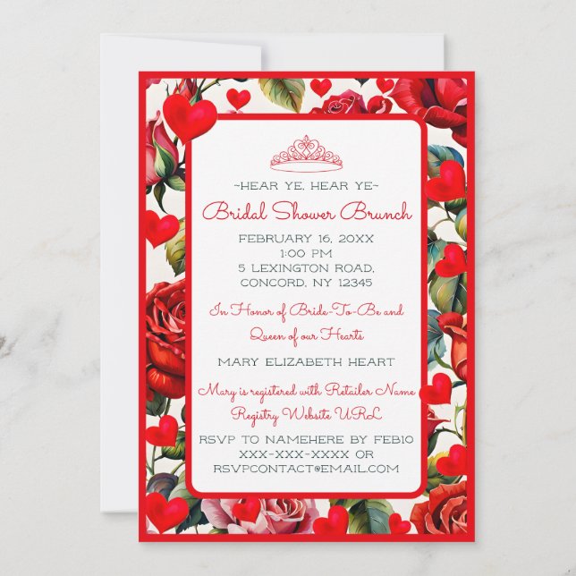 Crown & Roses Queen of Hearts Bridal Shower Invitation (Back)