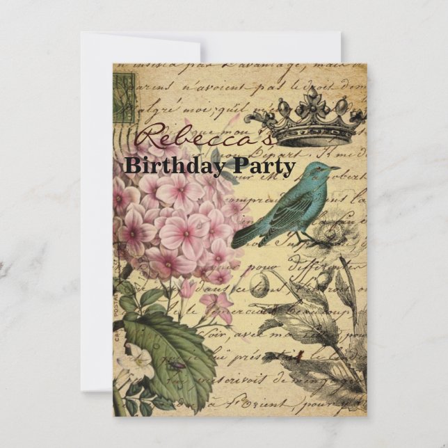 crown script hydrangea bird french botanical invitation (Front)