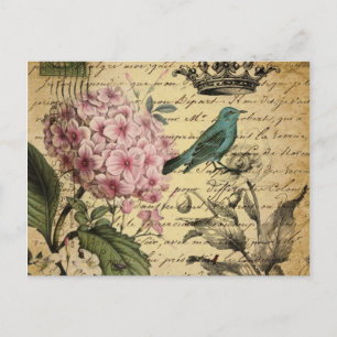 crown script hydrangea bird french botanical postcard
