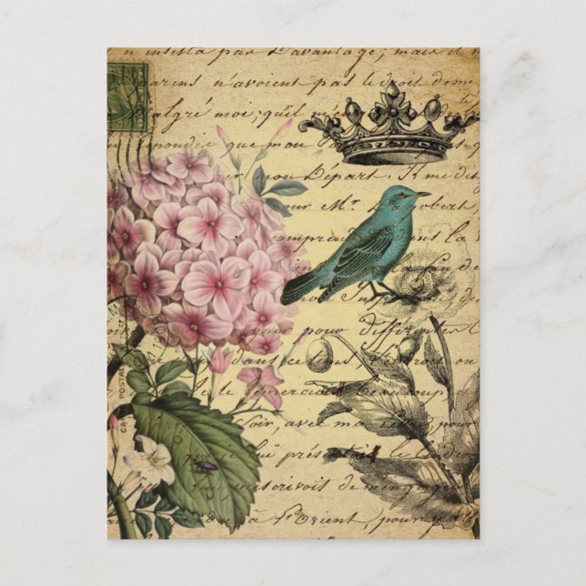 crown script hydrangea bird french botanical postcard (Front)