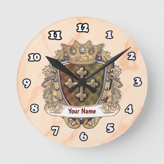 Crown Shield Family Crest Surname  Round Clock (Front)