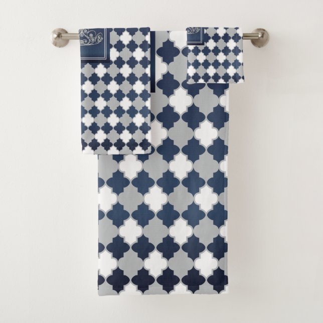 Crown Slate Blue, Grey and White Quatrefoil Bath Towel Set (Insitu)