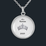 Crown  sterling silver necklace<br><div class="desc">Sterling Silver and in a round shape this lovely necklace has in the centre of it an image of a gleaming pageant queens crown in silver. Image on front only. Text of pageant name and date. Perfect for past royalty and hostesses too! Small size shown. You can customise this necklace...</div>