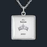 Crown  sterling silver necklace<br><div class="desc">Sterling Silver and in a square shape this lovely necklace has in the centre of it an image of a gleaming pageant queens crown in silver. Image on front only. Text of pageant name and date. Perfect for past royalty and hostesses too! Small size shown. You can customise this necklace...</div>