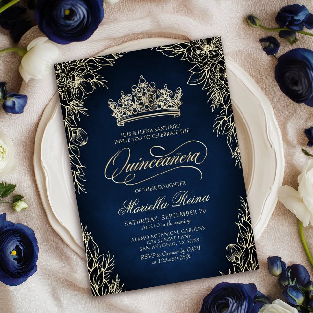 Crown Tiara Navy Gold Quinceañera Invitation (Creator Uploaded)