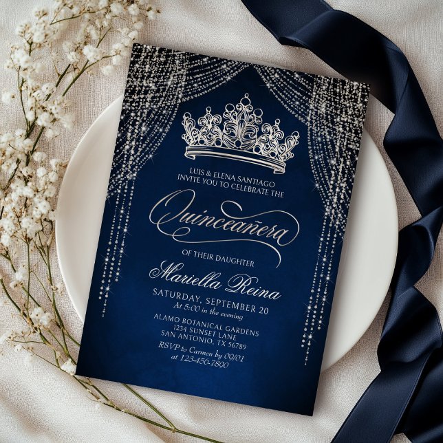 Crown Tiara Navy Silver Quinceañera Invitation (Creator Uploaded)