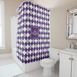 Crown with Plum Purple, Grey and White Quatrefoil Shower Curtain