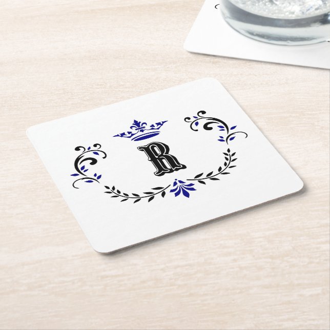 Crown Wreath Monogram 'R' Square Paper Coaster (Angled)