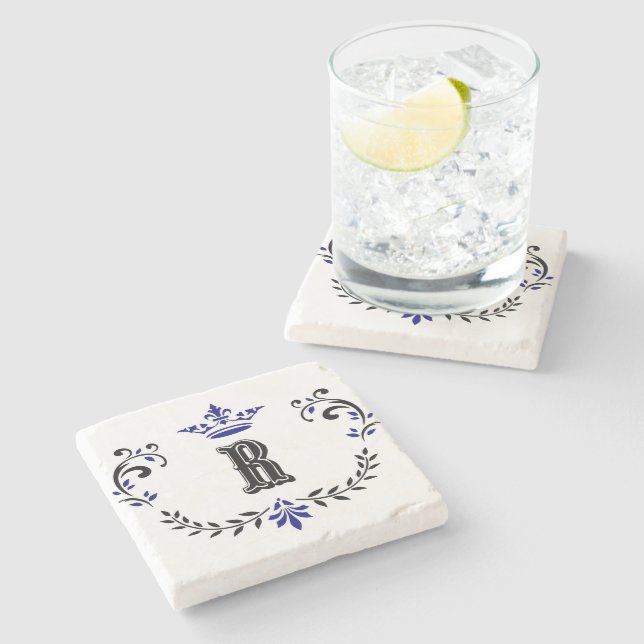 Crown Wreath Monogram 'R' Stone Coaster (Side)